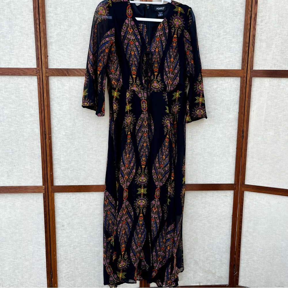Ashro Black and Colorful Paisley Floral Boho Maxi 3/4 Sleeve Dress - 12